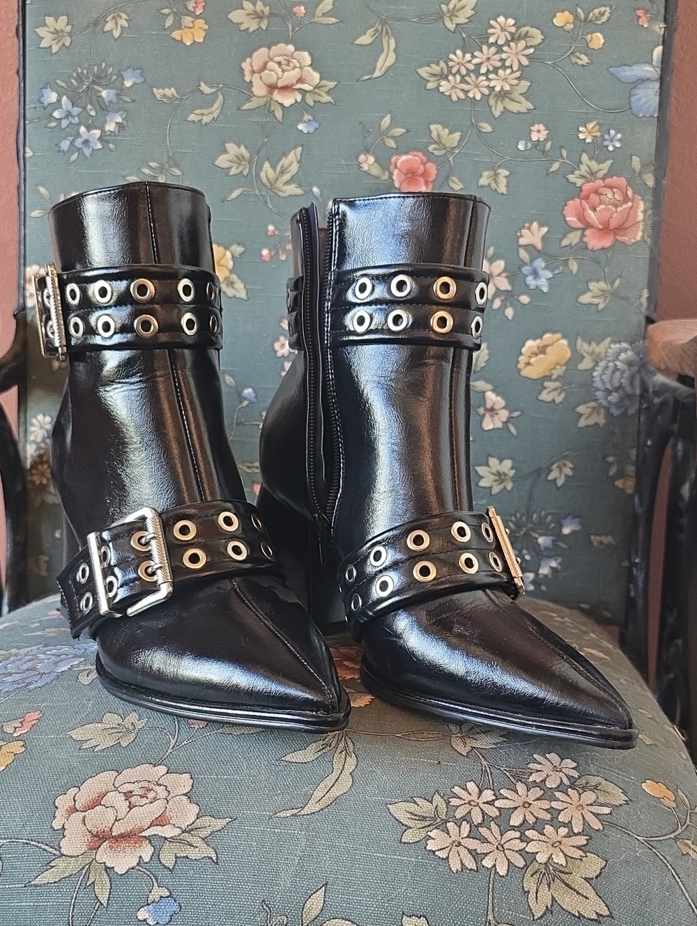 Mix No. 6 Black Pointed Ankle Boots with Grommet Strap Detail
